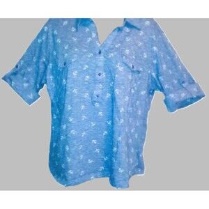 Cathy Daniels Blue Shirt White Anchors Cuffed Sleeves - size XL